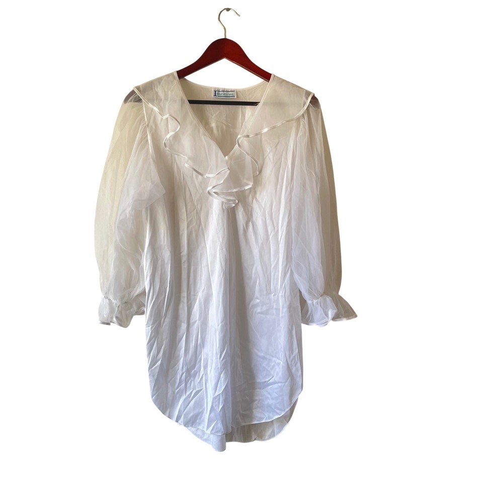 Vintage Victorian style White Sheer Mesh‎ Ruffle V-Neck Nightgown Lantern Sleeve